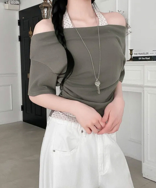 VIVID LADY(ビビッドレディー)の「ドットホルターネックドッキング 半袖トップス(Tシャツ/カットソー・レディース・カーキ/ブルー/ブラック/クリーム・FREE)」の9枚目の写真