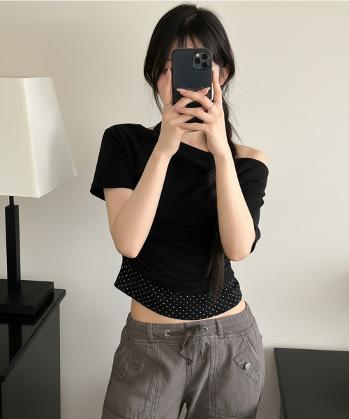 VIVID LADY(ビビッドレディー)の「ドットホルターネックドッキング 半袖トップス(Tシャツ/カットソー・レディース・カーキ/ブルー/ブラック/クリーム・FREE)」の20枚目の写真