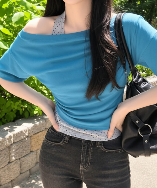 VIVID LADY(ビビッドレディー)の「ドットホルターネックドッキング 半袖トップス(Tシャツ/カットソー・レディース・カーキ/ブルー/ブラック/クリーム・FREE)」の22枚目の写真