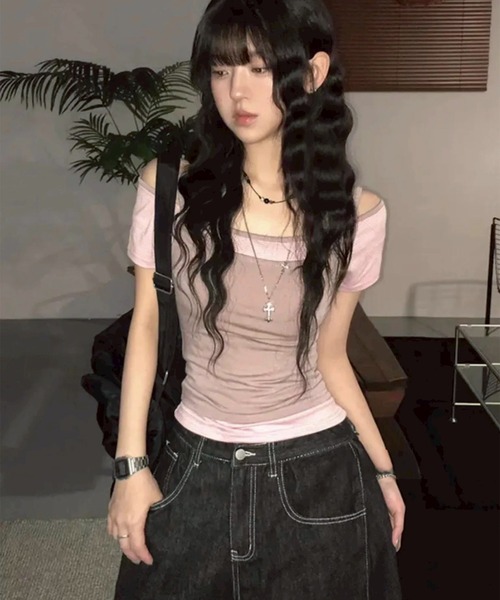 LYEON(リヨン)の「オフショルボーダー&キャミセット/レイヤード2点セット(キャミソール・レディース・ピンク/ブラック/ベージュ・FREE)」の3枚目の写真