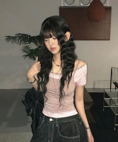 LYEON(リヨン)の「オフショルボーダー&キャミセット/レイヤード2点セット(キャミソール・レディース・ピンク/ブラック/ベージュ・FREE)」の9枚目の写真