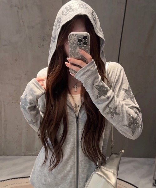 yuue' ( wear )(ユーイ)の「ラインストーンカットジップパーカー(パーカー・レディース・グレー/ブラック/ホワイト・FREE)」の3枚目の写真