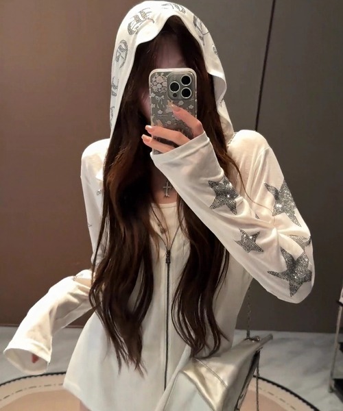 yuue' ( wear )(ユーイ)の「ラインストーンカットジップパーカー(パーカー・レディース・グレー/ブラック/ホワイト・FREE)」の1枚目の写真