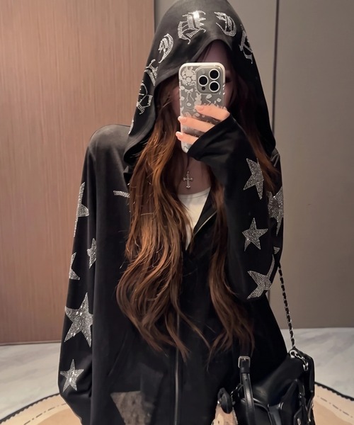 yuue' ( wear )(ユーイ)の「ラインストーンカットジップパーカー(パーカー・レディース・グレー/ブラック/ホワイト・FREE)」の2枚目の写真