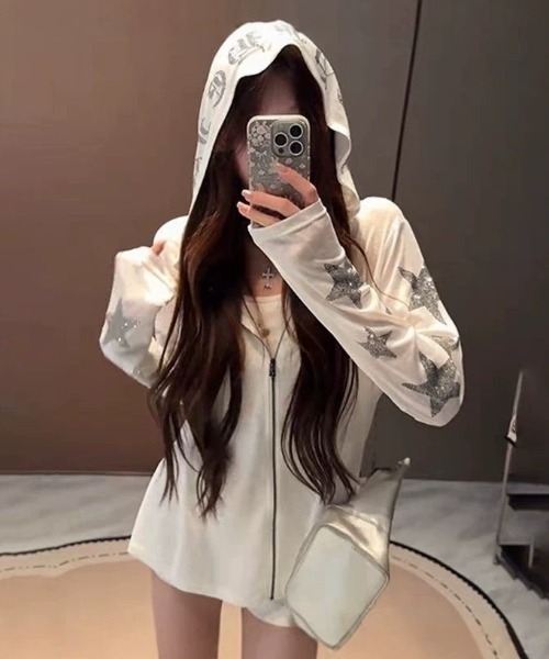 yuue' ( wear )(ユーイ)の「ラインストーンカットジップパーカー(パーカー・レディース・グレー/ブラック/ホワイト・FREE)」の4枚目の写真