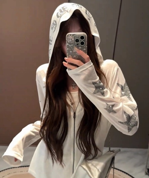 yuue' ( wear )(ユーイ)の「ラインストーンカットジップパーカー(パーカー・レディース・グレー/ブラック/ホワイト・FREE)」の7枚目の写真
