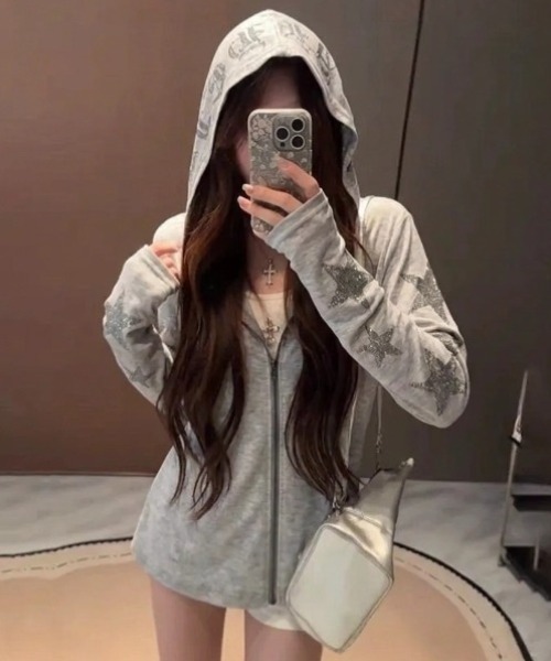yuue' ( wear )(ユーイ)の「ラインストーンカットジップパーカー(パーカー・レディース・グレー/ブラック/ホワイト・FREE)」の14枚目の写真