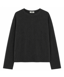 リブラウンドネック セミクロップドニット ロングスリーブTシャツ 3色