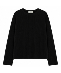 リブラウンドネック セミクロップドニット ロングスリーブTシャツ 3色