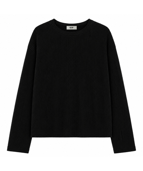 GCLIP(ジクリップ)の「リブラウンドネック セミクロップドニット ロングスリーブTシャツ 3色(Tシャツ/カットソー・メンズ・ブラック/グレー/ダークグレー・FREE)」の2枚目の写真