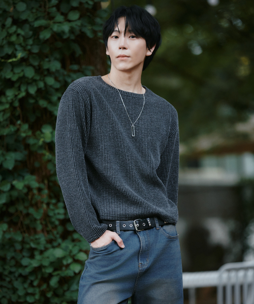 GCLIP(ジクリップ)の「リブラウンドネック セミクロップドニット ロングスリーブTシャツ 3色(Tシャツ/カットソー・メンズ・ブラック/グレー/ダークグレー・FREE)」の6枚目の写真