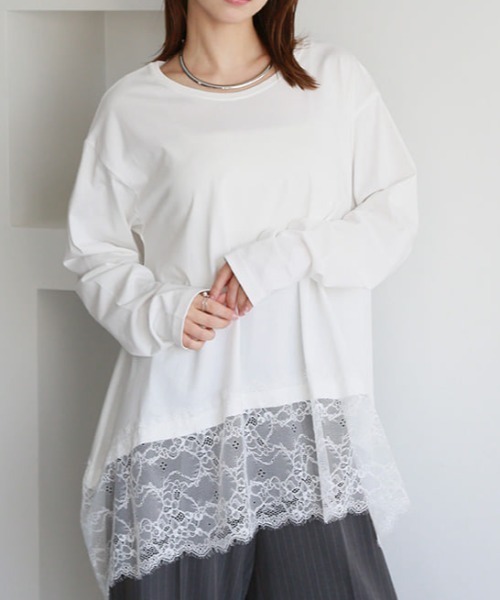 fifth(フィフス)の「裾レースイレヘムTシャツ(Tシャツ/カットソー・レディース・ホワイト/ブラック・M)」の1枚目の写真