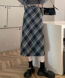 チェック柄 ウール混 ミモレ丈スカート