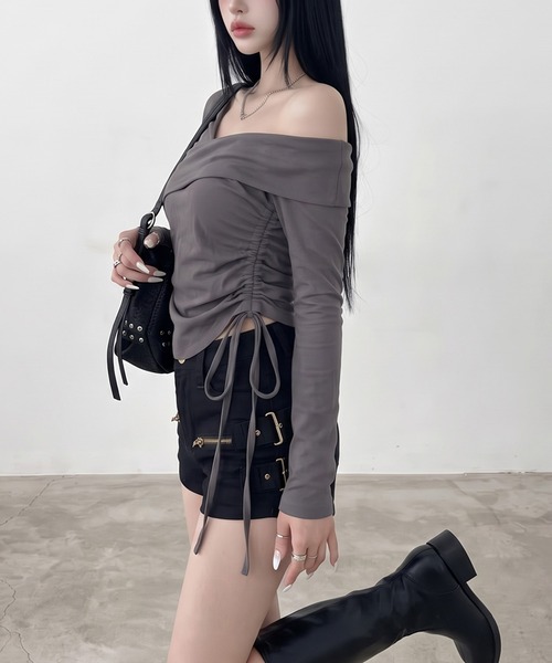 non-hedge（ノンヘッジ）の「ワンショルダードロストショート丈トップス（Tシャツ/カットソー・レディース・ブラック/オフホワイト/チャコールグレー・FREE）」の6枚目の写真