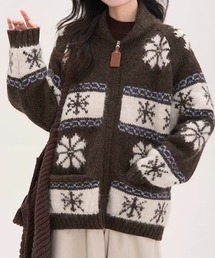 スノー柄ノルディック起毛 ジップニット