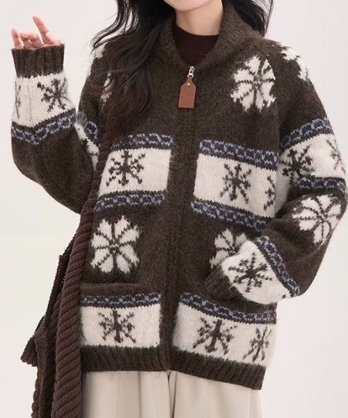 Teem Store(チームストア)の「スノー柄ノルディック起毛 ジップニット(ニット/セーター・レディース・ブラウン・M)」の1枚目の写真
