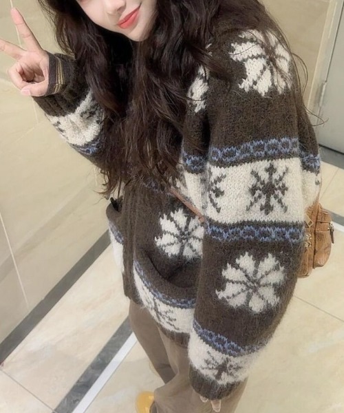 Teem Store(チームストア)の「スノー柄ノルディック起毛 ジップニット(ニット/セーター・レディース・ブラウン・M)」の4枚目の写真