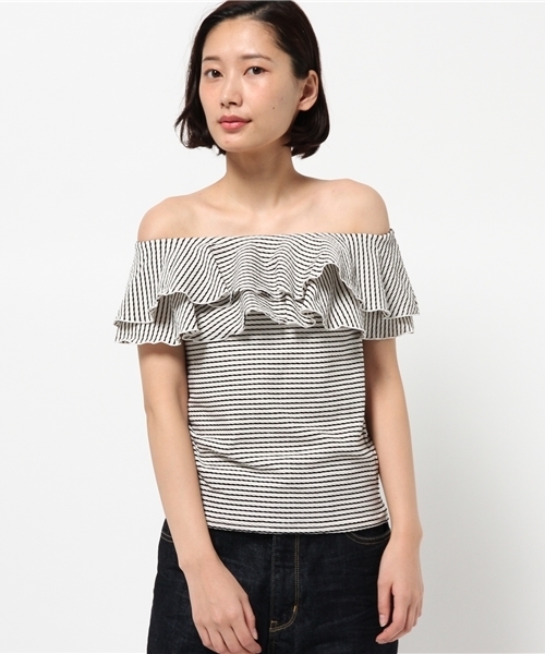 Another Edition（アナザーエディション）の「フリルボーダージャカードTシャツ/AEBFC フリル ボーダー JQ T◆（Tシャツ/カットソー・レディース・ブラック/レッド・FREE）」の6枚目の写真