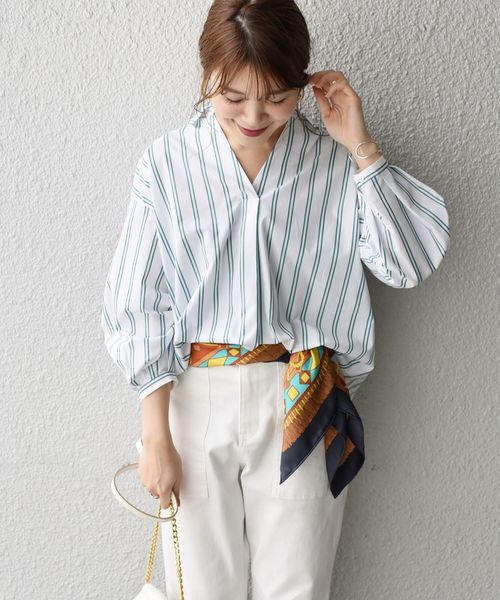 【YANUK】 バックボタン ストライプ ビッグシャツ 紫　S バックボタン付きシアードビーストライプシャツ ［Soiunique