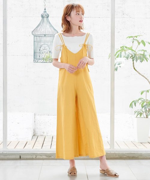 KOBE LETTUCE(コウベレタス)の「リネンタッチオールインワン(つなぎ/オールインワン・レディース・ブラック/ベージュ/カーキ/イエロー・FREE)」の1枚目の写真