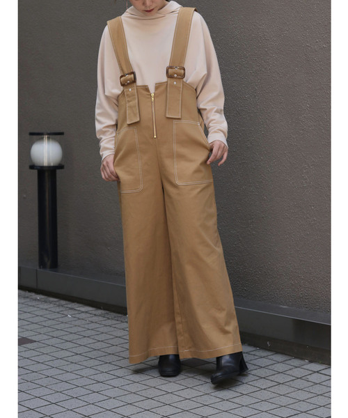 vingtrois（バントロア）の「【vingtrois】まるでユーズドのようなこなれ感のジップアップワイドチノサロペット/オーバーオール/ワイドシルエットサロペット（サロペット/オーバーオール・レディース・ブラック/モカ/キャメル・M）」の7枚目の写真