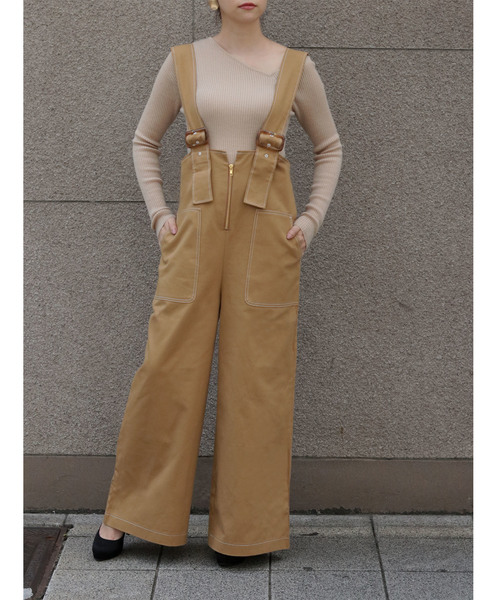 vingtrois（バントロア）の「【vingtrois】まるでユーズドのようなこなれ感のジップアップワイドチノサロペット/オーバーオール/ワイドシルエットサロペット（サロペット/オーバーオール・レディース・ブラック/モカ/キャメル・M）」の5枚目の写真