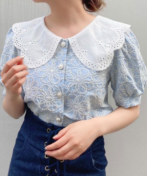 Crea titty&Co. PETIT(クレアティティーアンドコープチ)の「【Crea titty&Co.PETIT】フラワーレースフロント釦ブラウス(シャツ/ブラウス・レディース・オフホワイト/ブルー・FREE)」の7枚目の写真