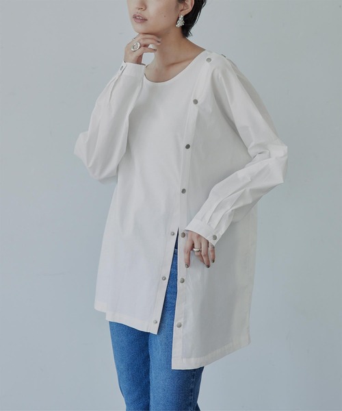 miette（ミエット）の「異素材MIXﾎﾞﾀﾝﾃﾞｻﾞｲﾝﾄｯﾌﾟｽ（Tシャツ/カットソー・レディース・ブラック/オフホワイト/ブルー・FREE）」の2枚目の写真
