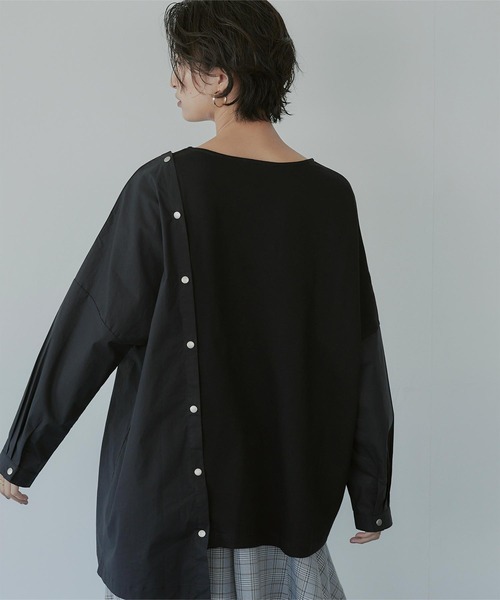 miette（ミエット）の「異素材MIXﾎﾞﾀﾝﾃﾞｻﾞｲﾝﾄｯﾌﾟｽ（Tシャツ/カットソー・レディース・ブラック/オフホワイト/ブルー・FREE）」の3枚目の写真