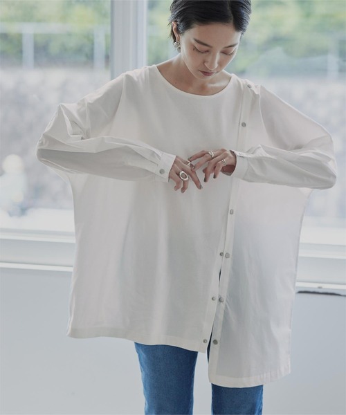 miette（ミエット）の「異素材MIXﾎﾞﾀﾝﾃﾞｻﾞｲﾝﾄｯﾌﾟｽ（Tシャツ/カットソー・レディース・ブラック/オフホワイト/ブルー・FREE）」の6枚目の写真
