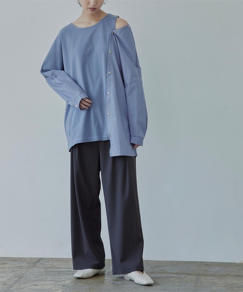 miette（ミエット）の「異素材MIXﾎﾞﾀﾝﾃﾞｻﾞｲﾝﾄｯﾌﾟｽ（Tシャツ/カットソー・レディース・ブラック/オフホワイト/ブルー・FREE）」の4枚目の写真