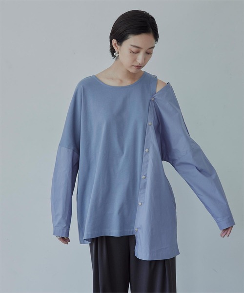 miette（ミエット）の「異素材MIXﾎﾞﾀﾝﾃﾞｻﾞｲﾝﾄｯﾌﾟｽ（Tシャツ/カットソー・レディース・ブラック/オフホワイト/ブルー・FREE）」の8枚目の写真