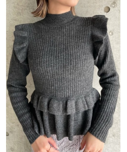 裾フリルハイネックニットトップス