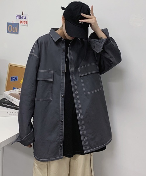 MGV（エムジーヴィー）の「前ポケットシンプルシャツジャケット（カバーオール・メンズ・ブラウン/ホワイト/グレー/ブラック/カーキ・LARGE/X-LARGE/MEDIUM）」の4枚目の写真