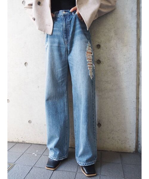 EVRIS（エヴリス）の「サイドダメージワイドデニムパンツ（デニムパンツ・レディース・ブラック/ブルー・SMALL/MEDIUM）」の6枚目の写真