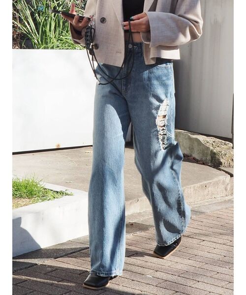 EVRIS（エヴリス）の「サイドダメージワイドデニムパンツ（デニムパンツ・レディース・ブラック/ブルー・SMALL/MEDIUM）」の8枚目の写真