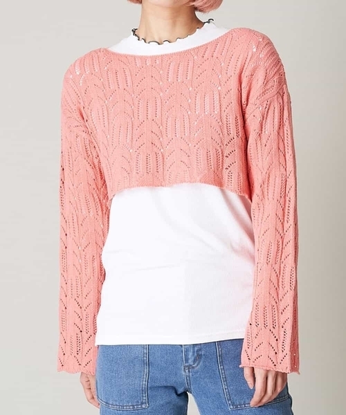 A de a.v.v（アードアー・ヴェ・ヴェ）の「透かしショート丈ニット（ニット/セーター・レディース・ホワイト/ピンク/グリーン・39）」の3枚目の写真