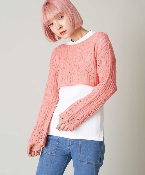 A de a.v.v（アードアー・ヴェ・ヴェ）の「透かしショート丈ニット（ニット/セーター・レディース・ホワイト/ピンク/グリーン・39）」の7枚目の写真