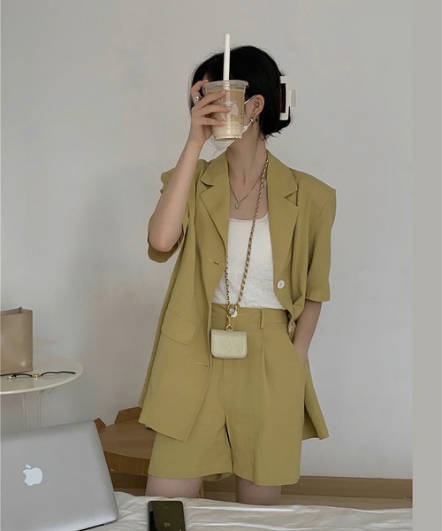 R（アール）の「コットンリネンSET UP（テーラードジャケット・レディース・ベージュ/ネイビー/イエロー・MEDIUM）」の9枚目の写真