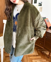 moment+ | フェイクファー切替ノーカラージップアップミリタリーブルゾン(ミリタリージャケット)