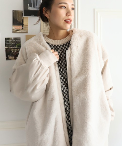 moment+（モーメントプラス）の「フェイクファー切替ノーカラージップアップミリタリーブルゾン（ミリタリージャケット・レディース・ブラック/カーキ/アイボリー・M）」の12枚目の写真