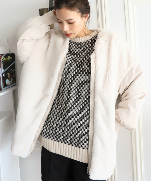 moment+（モーメントプラス）の「フェイクファー切替ノーカラージップアップミリタリーブルゾン（ミリタリージャケット・レディース・ブラック/カーキ/アイボリー・M）」の14枚目の写真