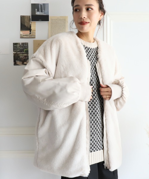 moment+（モーメントプラス）の「フェイクファー切替ノーカラージップアップミリタリーブルゾン（ミリタリージャケット・レディース・ブラック/カーキ/アイボリー・M）」の16枚目の写真