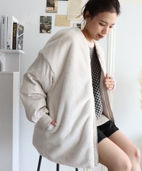 moment+（モーメントプラス）の「フェイクファー切替ノーカラージップアップミリタリーブルゾン（ミリタリージャケット・レディース・ブラック/カーキ/アイボリー・M）」の17枚目の写真