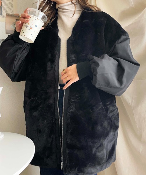 moment+（モーメントプラス）の「フェイクファー切替ノーカラージップアップミリタリーブルゾン（ミリタリージャケット・レディース・ブラック/カーキ/アイボリー・M）」の9枚目の写真