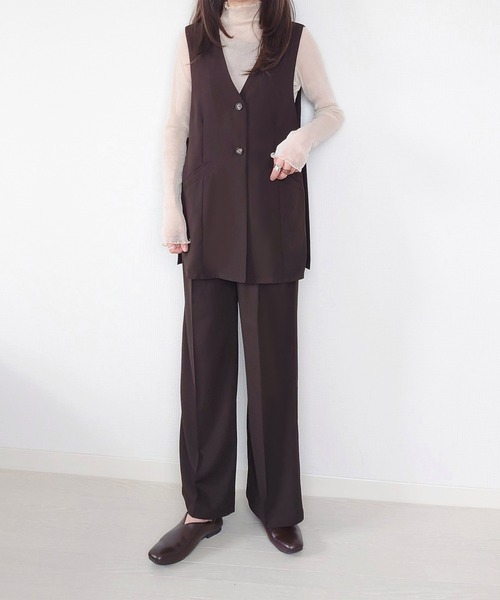 JUNOAH(ジュノア)の「サイドオープンジレ+タックパンツセットアップ(セットアップ・レディース・ブラック/ブラウン/ベージュ・LARGE/MEDIUM)」の6枚目の写真