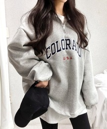 Dalfwin | 2022 AW 秋冬 韓国ファッション スウェット レディース COLORADO刺繍ロゴハーフジップスウェット トレーナー オーバーサイズ ビックシルエット(スウェット)