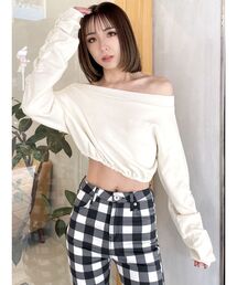 GYDA | アームギャザーピグメントオフショル ショートスウェットトップス(Tシャツ/カットソー)