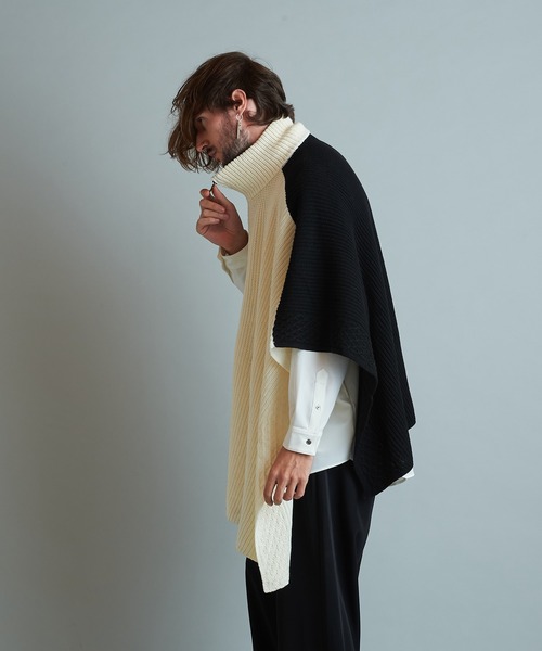 NO ID.（ノーアイディ）の「3WAYニットZIPポンチョ（ポンチョ・メンズ・グリーン/アイボリー/ブラック・ONE SIZE）」の14枚目の写真