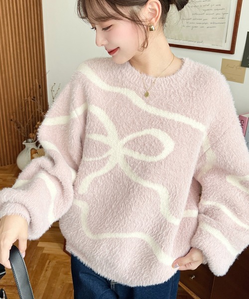 セール】リボンラインジャガードフェザーニットプルオーバー（ニット